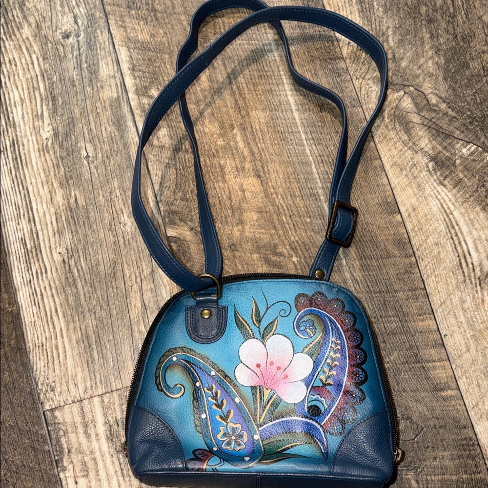 Anuschka Blue Hand-Painted Floral Crossbody Bag